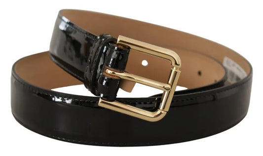 Black Patent Leather Gold Logo Engraved Buckle Belt