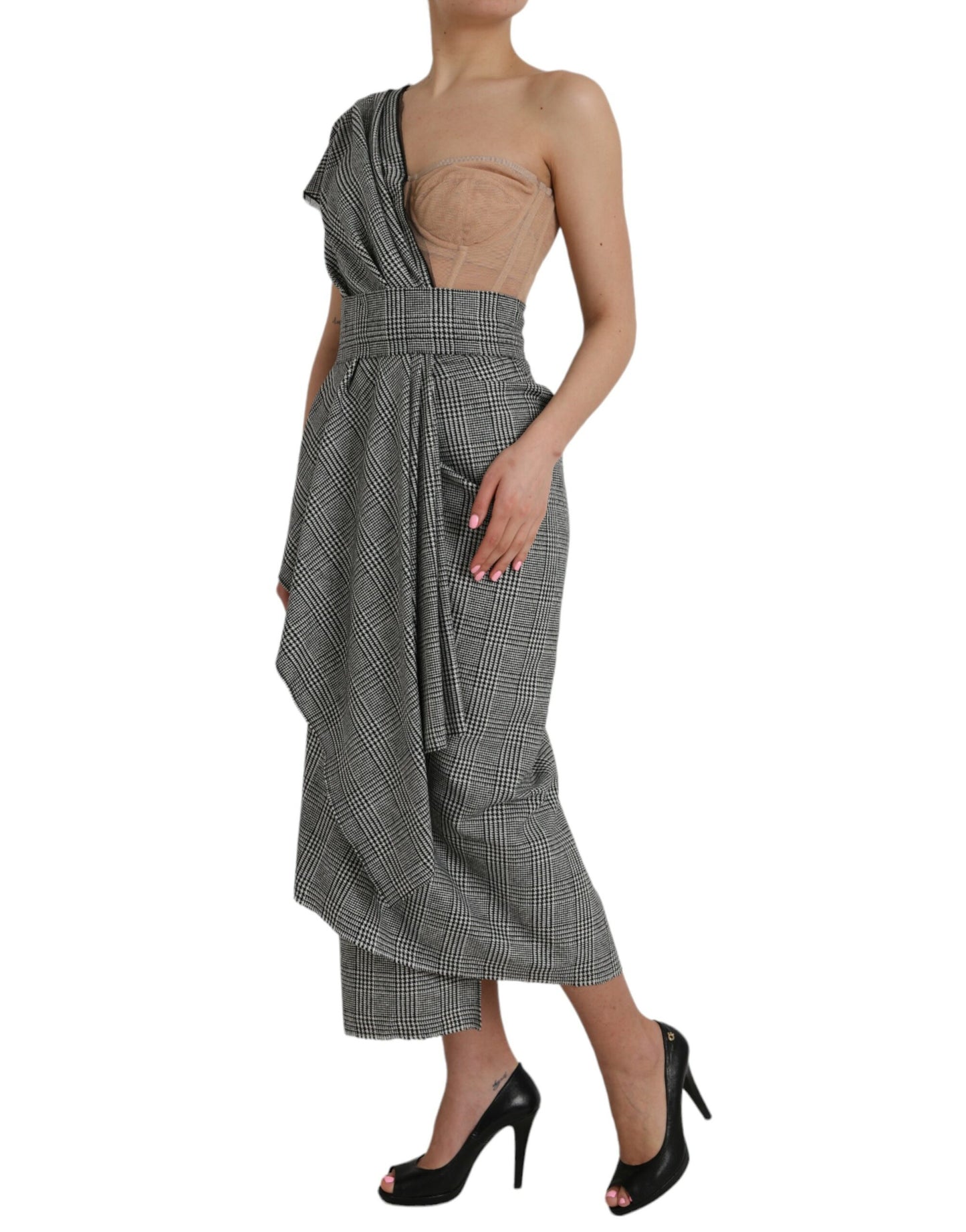Gray Beige Layered One Shoulder Maxi Dress