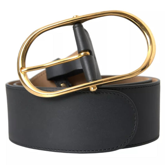 Black Leather Gold Oval Metal Buckle Belt
