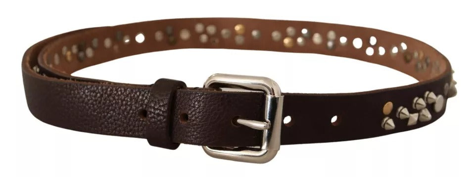 Brown Leather Studded Silver Metal Buckle Belt