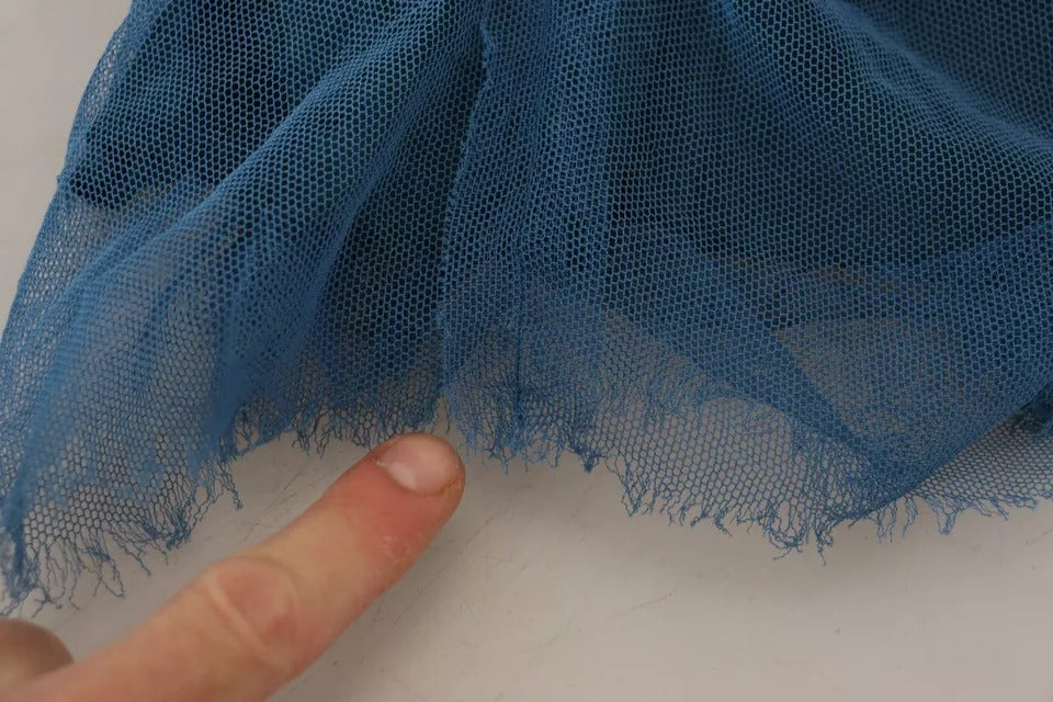 Blue Mesh Trim Ruched Tulle Sheath Dress