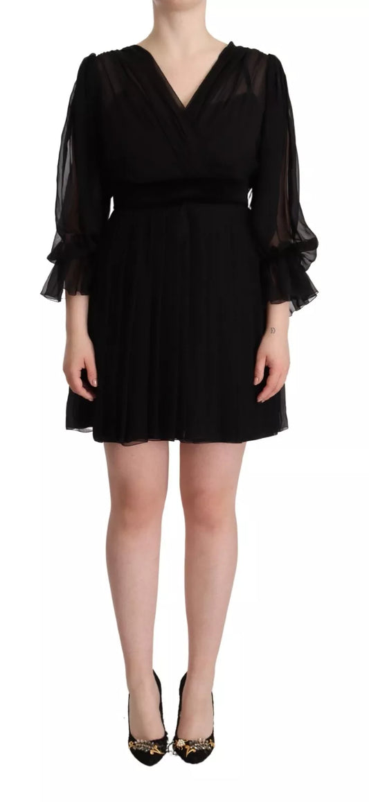 Black V-neck Long Sleeves Mini A-line Dress